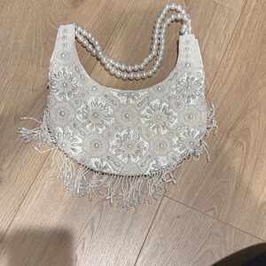 T.J.Maxx Ivory Beaded Floral Evening Clutch with Pearl Handles
